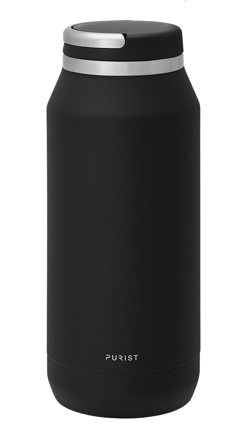 Glass-lined Purist 32 oz Founder Bottle in Black with Element Lid.
