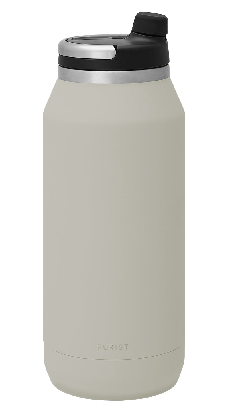 Glass-lined Purist 32 oz Founder Bottle in Bone with Union Lid.