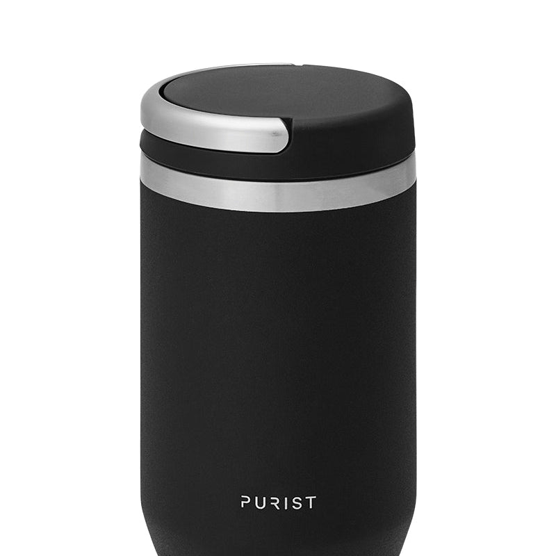 Glass-lined Purist 10 oz Maker Bottle in Black with Element Lid.