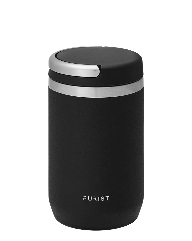 Glass-lined Purist 10 oz Maker Bottle in Black with Element Lid.