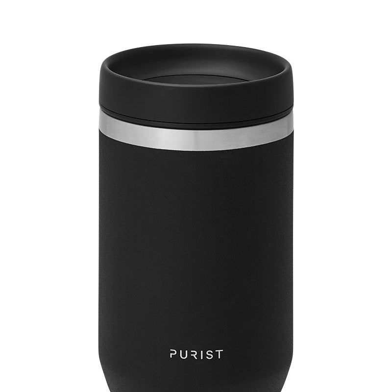 Glass-lined Purist 10 oz Maker Bottle in Black with Scope Lid.