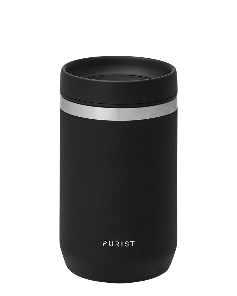 Glass-lined Purist 10 oz Maker Bottle in Black with Scope Lid.