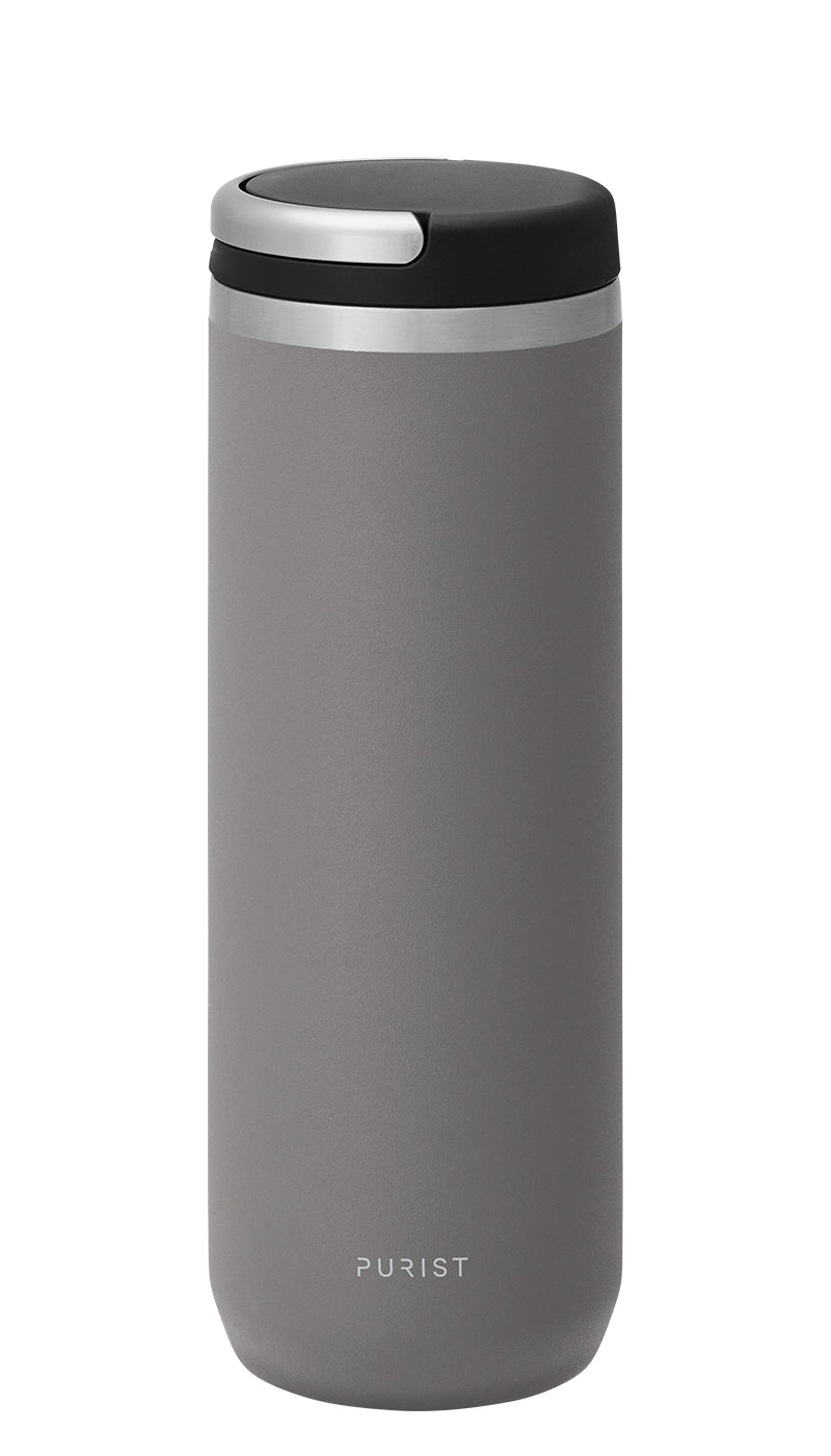 Glass-lined Purist 18 oz Mover Bottle in Ash with Element Lid.