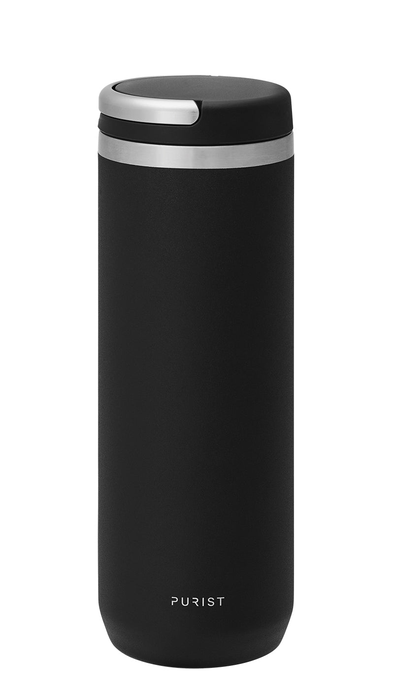 Glass-lined Purist 18 oz Mover Bottle in Black with Element Lid.