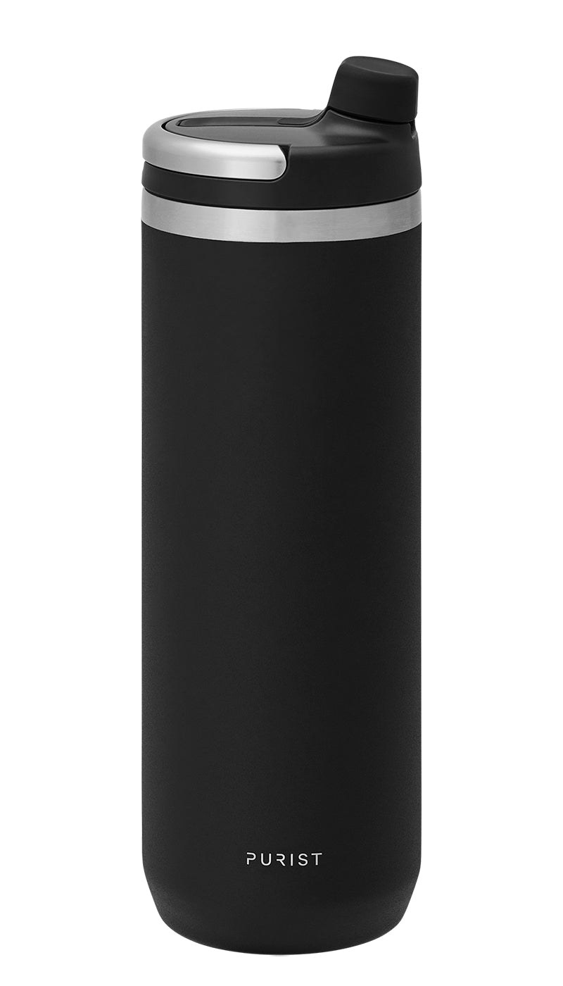Glass-lined Purist 18 oz Mover Bottle in Black with Union Lid.