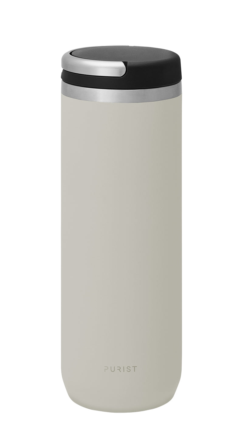 Glass-lined Purist 18 oz Mover Bottle in Bone with Element Lid.