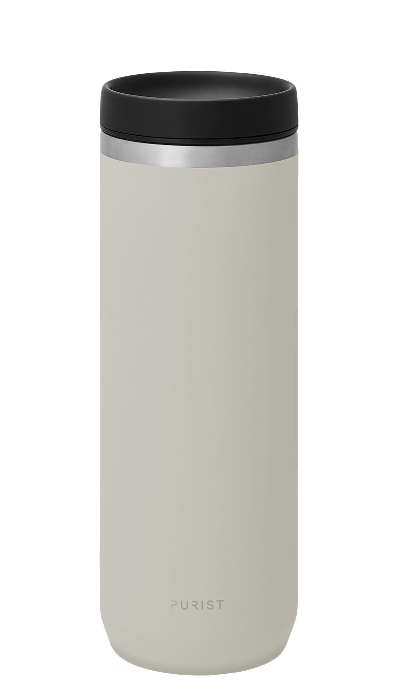 Glass-lined Purist 18 oz Mover Bottle in Bone with Scope Lid.