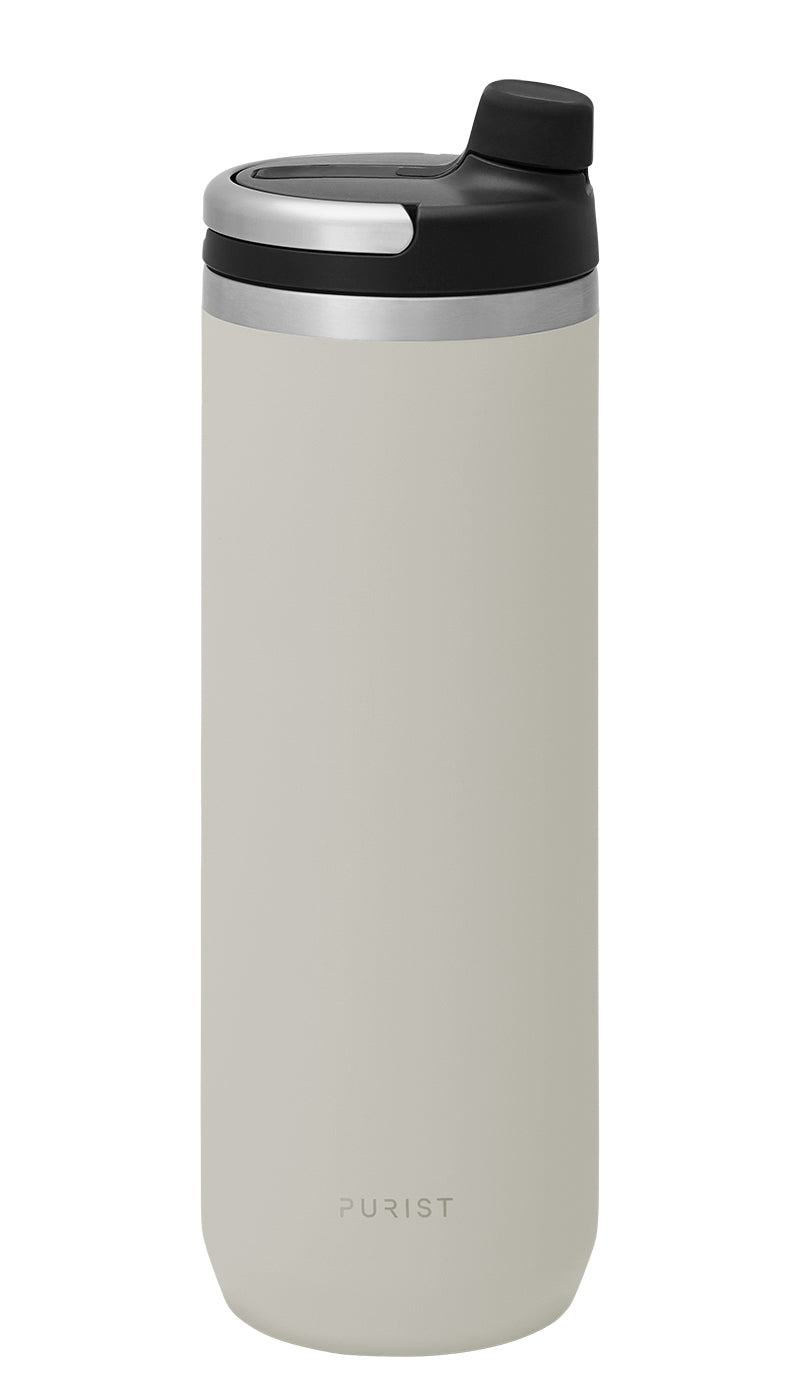 Glass-lined Purist 18 oz Mover Bottle in Bone with Union Lid.
