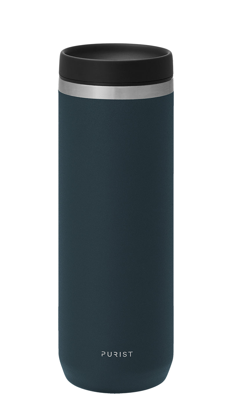 Glass-lined Purist 18 oz Mover Bottle in Drift with Scope Lid.