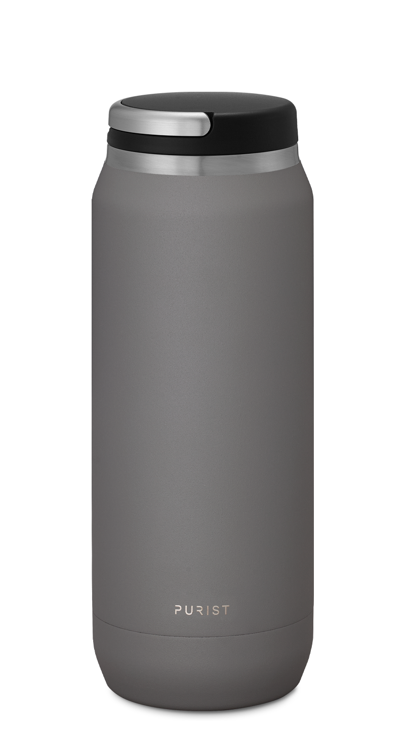 Glass-lined Purist 25 oz Traveler Bottle in Ash with Element Lid.