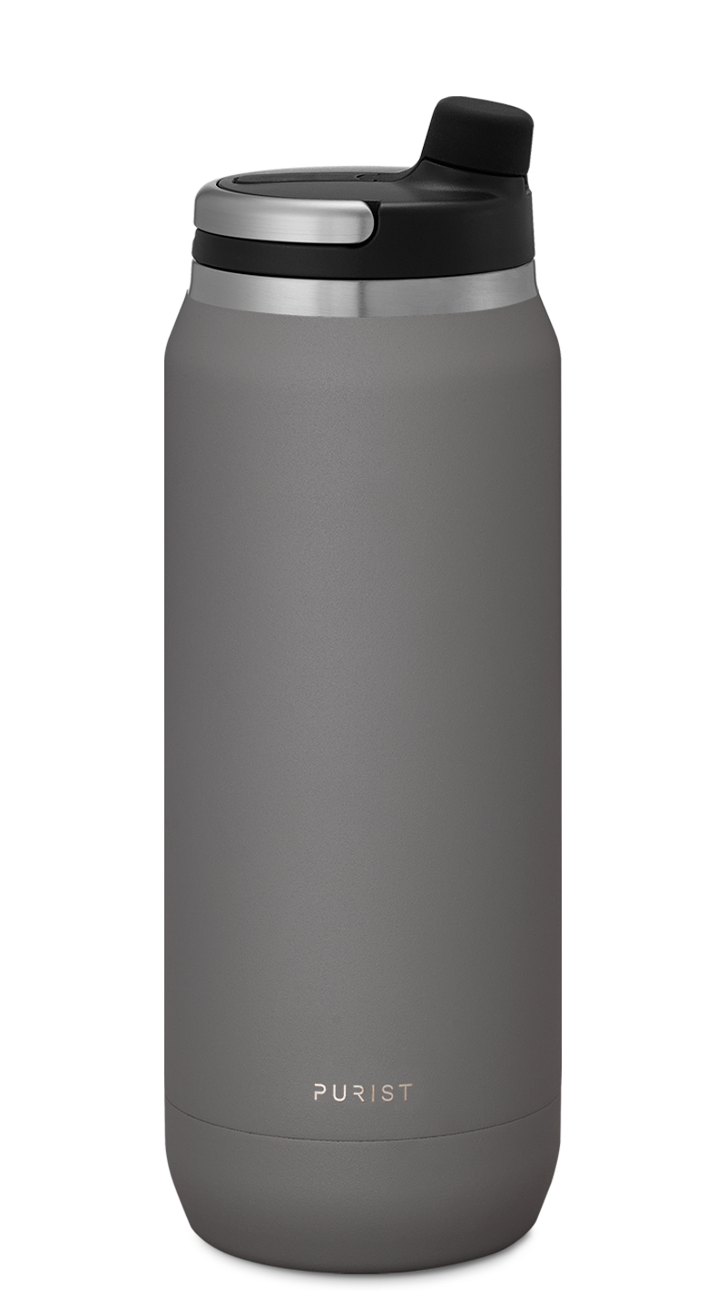 Glass-lined Purist 25 oz Traveler Bottle in Ash with Union Lid.