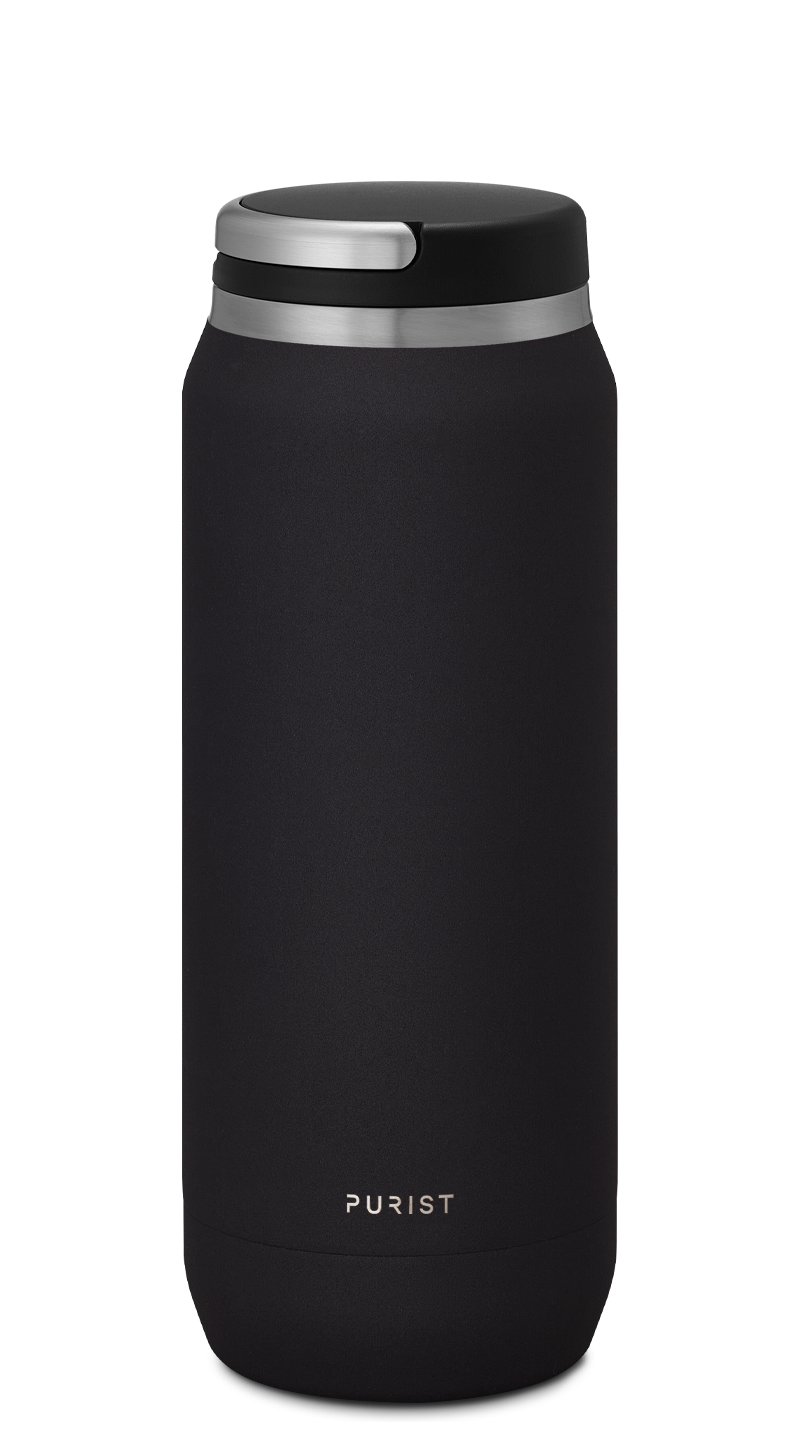 Glass-lined Purist 25 oz Traveler Bottle in Black with Element Lid.