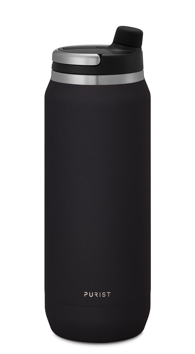 Glass-lined Purist 25 oz Traveler Bottle in Black with Union Lid.