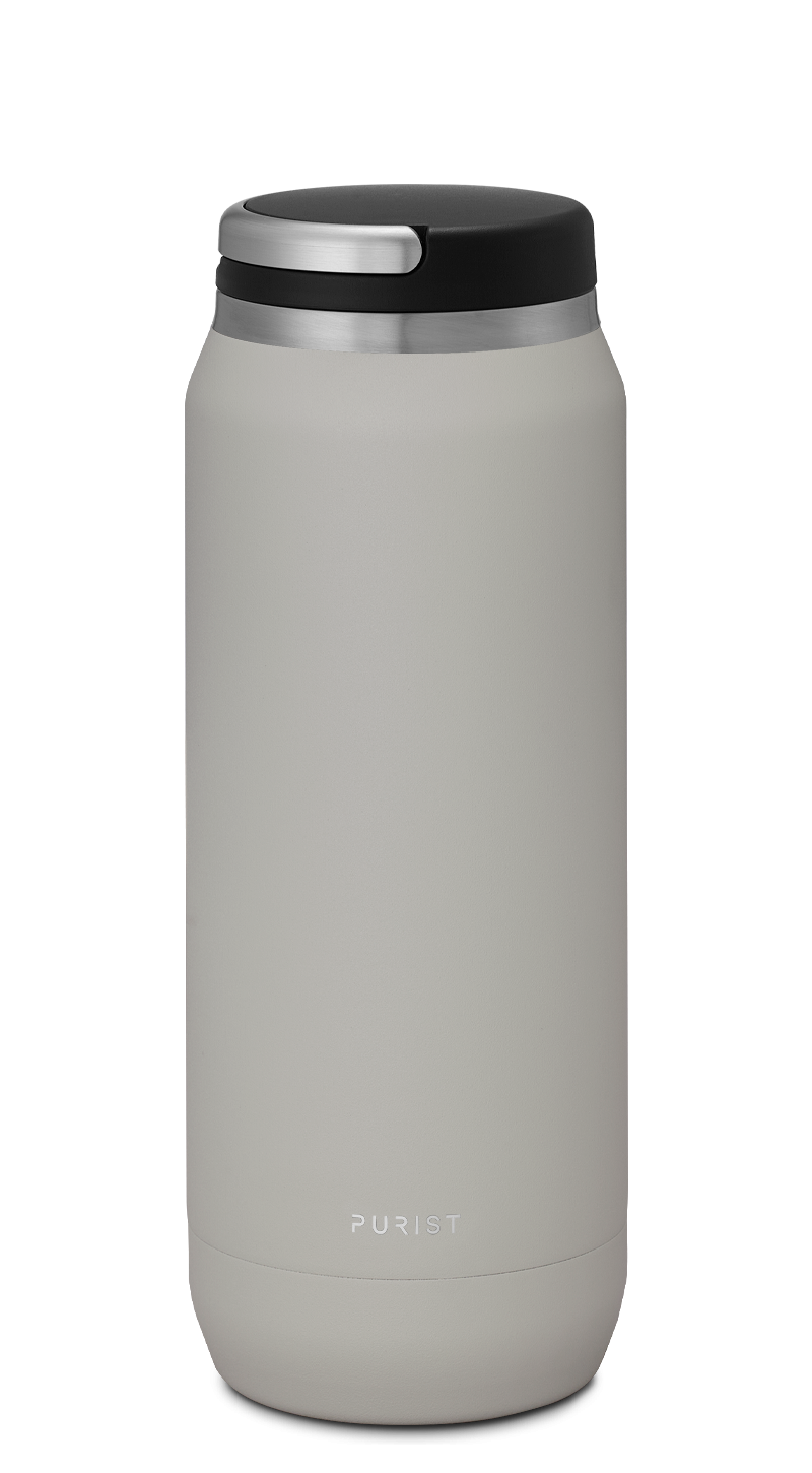 Glass-lined Purist 25 oz Traveler Bottle in Bone with Element Lid.