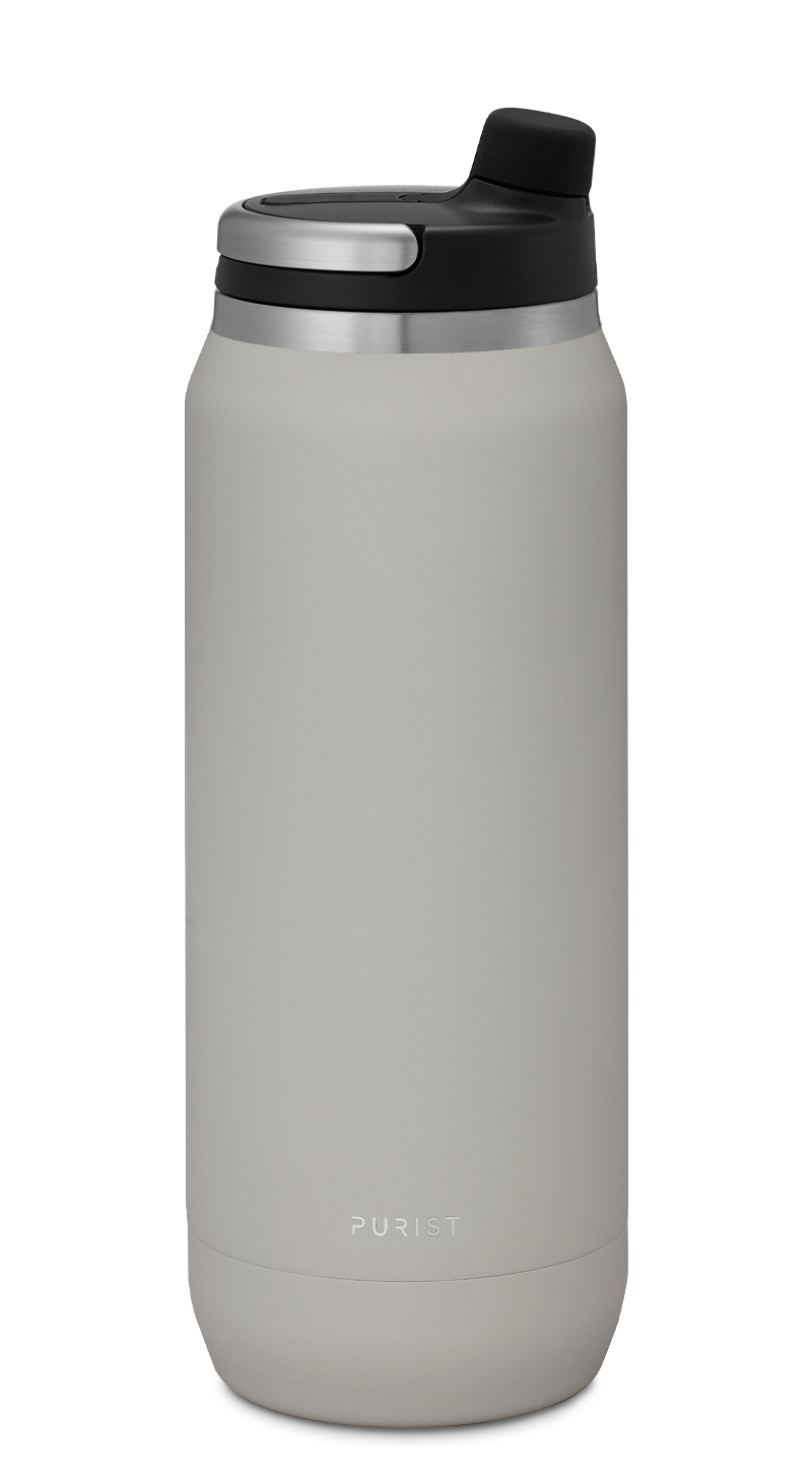 Glass-lined Purist 25 oz Traveler Bottle in Bone with Union Lid.