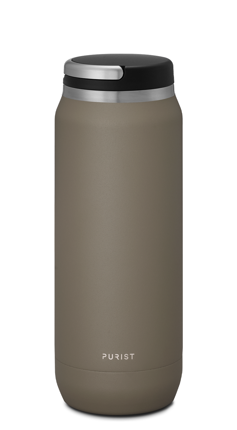 Glass-lined Purist 25 oz Traveler Bottle in Clay with Element Lid.