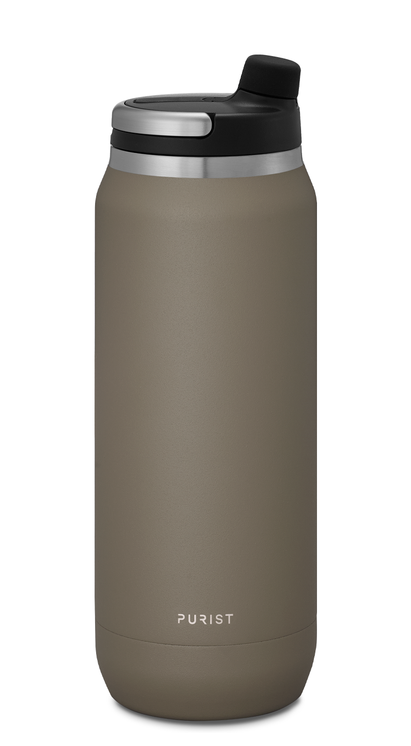 Glass-lined Purist 25 oz Traveler Bottle in Clay with Union Lid.