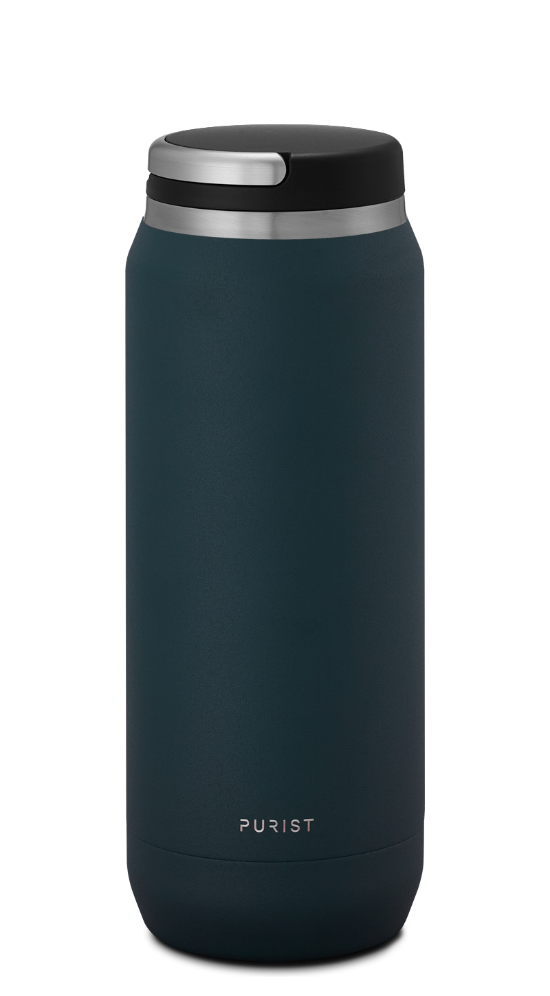 Glass-lined Purist 25 oz Traveler Bottle in Drift with Element Lid.